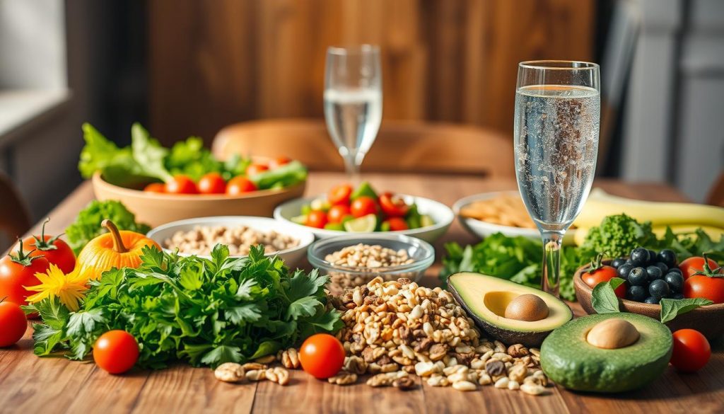 A vibrant still life showcasing a balanced and nourishing meal. In the foreground, a wooden table is adorned with an array of fresh, colorful ingredients - crisp leafy greens, juicy tomatoes, creamy avocado, crunchy nuts, and whole grains. The middle ground features beautifully prepared dishes, each one a symphony of flavors and textures. A glass of clear, sparkling water stands tall, reflecting the natural light filtering in from the background. The atmosphere is one of warmth, simplicity, and a deep appreciation for the sustenance that nature provides. Soft, diffused lighting casts a gentle glow, highlighting the healthy, wholesome nature of this scene. The overall impression is one of equilibrium, energy, and mindful nourishment. A vibrant still life showcasing a balanced and nourishing meal. In the foreground, a wooden table is adorned with an array of fresh, colorful ingredients - crisp leafy greens, juicy tomatoes, creamy avocado, crunchy nuts, and whole grains. The middle ground features beautifully prepared dishes, each one a symphony of flavors and textures. A glass of clear, sparkling water stands tall, reflecting the natural light filtering in from the background. The atmosphere is one of warmth, simplicity, and a deep appreciation for the sustenance that nature provides. Soft, diffused lighting casts a gentle glow, highlighting the healthy, wholesome nature of this scene. The overall impression is one of equilibrium, energy, and mindful nourishment.