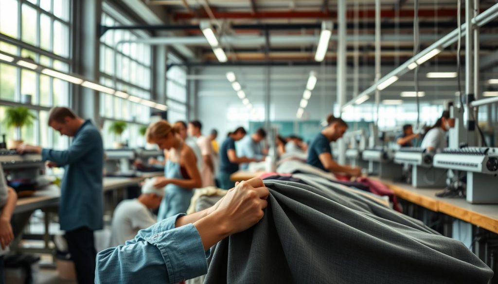 A vibrant, sustainable fashion production scene. In the foreground, a skilled artisan carefully crafts a garment, their hands moving with precision. In the middle ground, a team of workers collaborates, using eco-friendly materials and techniques. In the background, a modern, energy-efficient factory hums with activity, producing high-quality, ethical clothing. Soft, natural lighting illuminates the scene, conveying a sense of harmony and responsibility. The composition emphasizes the care, collaboration, and technology involved in creating sustainable fashion, reflecting the ethos of "Processos e produção responsáveis".