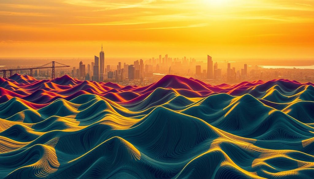 A vibrant visualization of energy peaks, depicted through a stylized topographic map. In the foreground, undulating hills and valleys represent the fluctuating patterns of daily productivity, with peaks denoting periods of heightened efficiency. The middle ground showcases a city skyline, its buildings and infrastructure casting intricate shadows that echo the energy terrain. In the background, a warm, golden-hued sky sets the mood, evoking a sense of opportunity and potential. The image is rendered with a delicate balance of realism and abstract expressionism, inviting the viewer to discover the rhythms and opportunities hidden within the daily flow of work.
