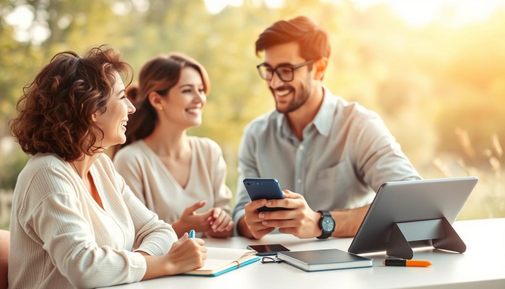 A warm and inviting illustration of communication tools in a healthy relationship. In the foreground, a pair of people engaged in open and expressive dialogue, their body language conveying trust and understanding. The middle ground features various communication aids, such as a notepad, a phone, and a tablet, all working in harmony to facilitate the exchange. The background is a serene, natural setting with soft lighting, creating a calming and nurturing atmosphere to support the interpersonal dynamics. The overall composition evokes a sense of balance, clarity, and the importance of effective communication in maintaining healthy relationships.