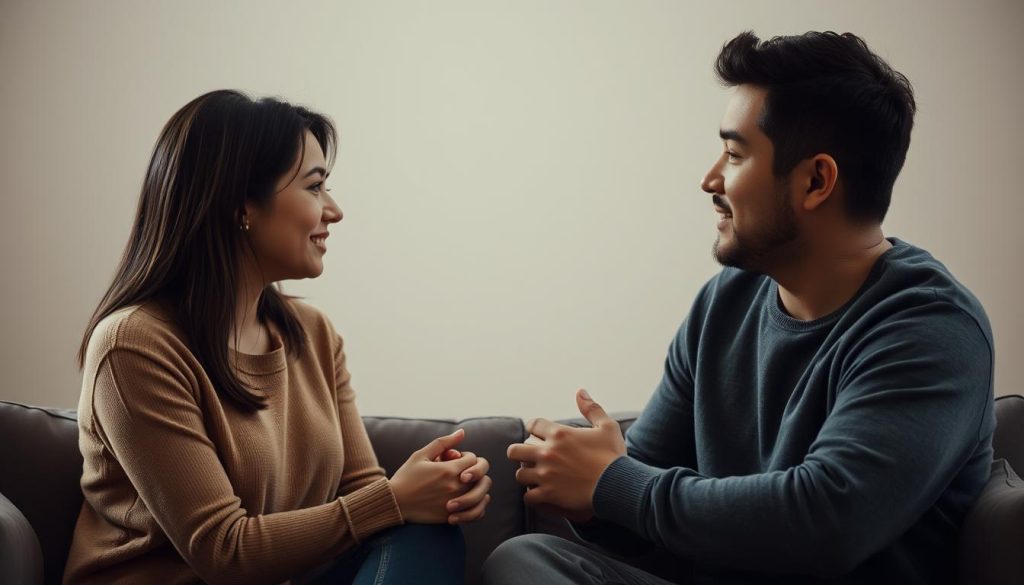 A warm, intimate scene of a loving couple engaged in sincere, thoughtful conversation. The pair sit facing each other, their hands clasped and eyes locked, conveying a sense of deep understanding and emotional connection. Soft, diffused lighting gently illuminates their faces, creating a calming, introspective atmosphere. The background is blurred, placing the focus entirely on the couple's engaged dialogue. Subtle, muted tones evoke a sense of tranquility and introspection, reflecting the importance of open, heartfelt communication in strengthening the bond between partners.
