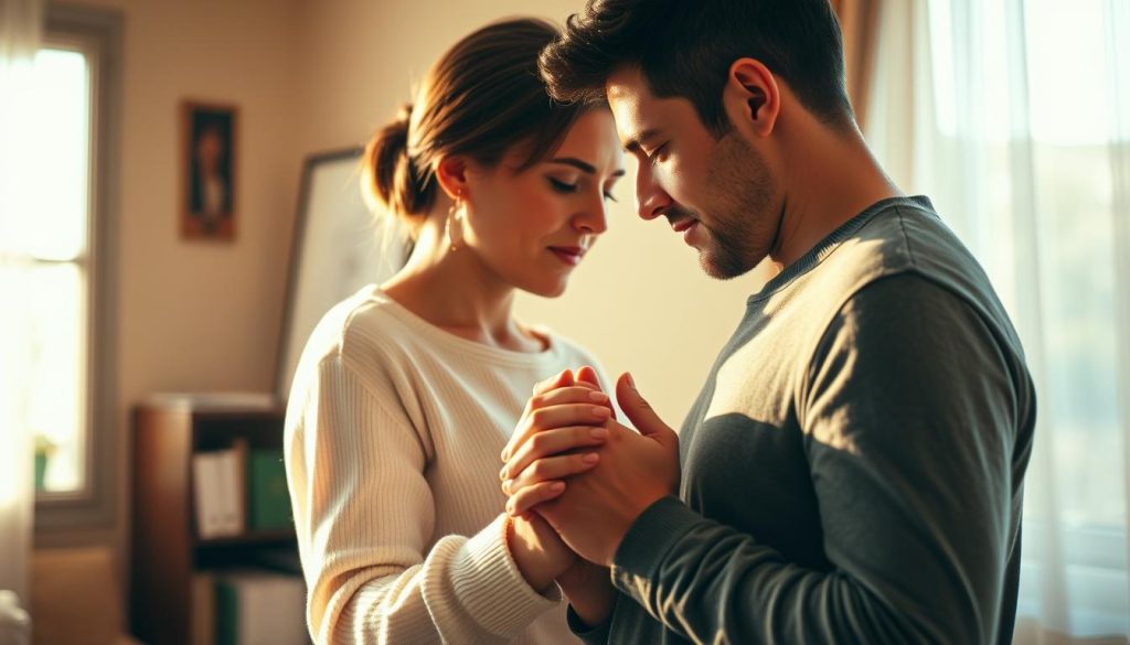 A warm, intimate scene of a loving couple in a cozy, sun-drenched room. The pair stand close, their bodies angled towards each other, hands clasped in a gesture of deep trust and understanding. Their faces are serene, gazes locked in a silent exchange of profound admiration and respect. Soft, directional lighting casts a gentle glow, highlighting the tenderness and emotional intimacy between them. The background is subtly blurred, keeping the focus on the couple's connection. Emanating a sense of tranquility and unwavering faith in one another, this scene captures the essence of "confiança" - the bedrock of a truly fulfilling, harmonious relationship.