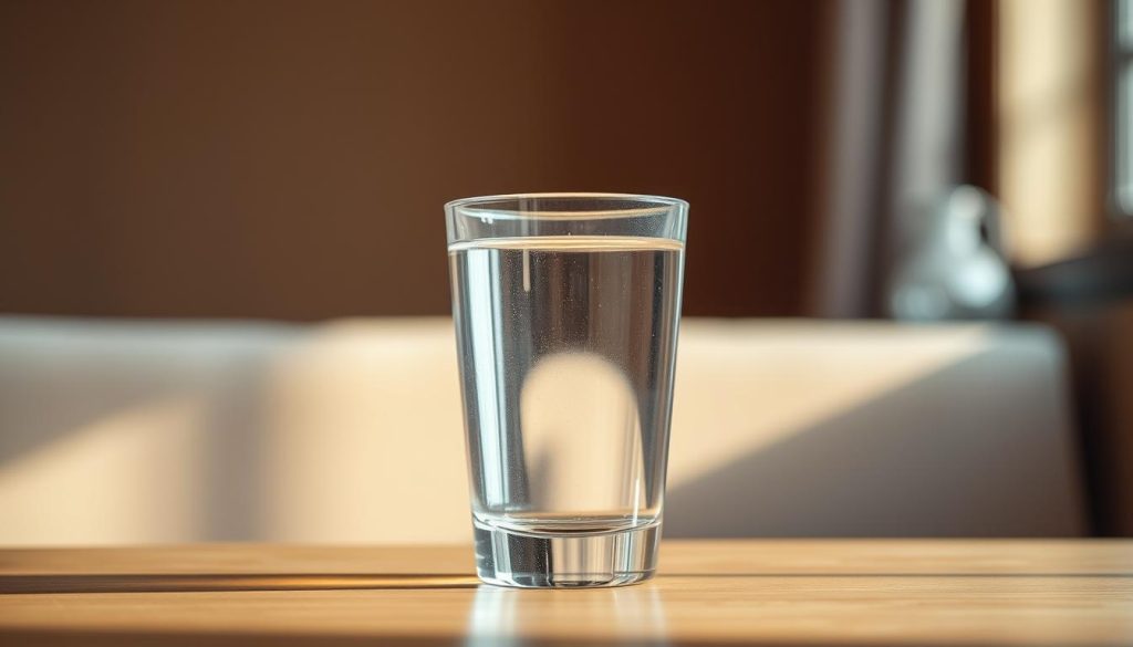 An elegant glass filled with clear, pristine water, resting on a smooth, wooden surface. The water's surface gently reflects the warm, natural light filtering in through a nearby window, creating a soft, calming atmosphere. The glass is positioned in the foreground, drawing the viewer's eye immediately to the center of the frame. In the middle ground, a subtle, blurred background of a minimalist, earthy-toned interior complements the simplicity of the main subject. The overall mood is one of tranquility and nourishment, inviting the viewer to pause and savor the refreshing properties of this life-giving liquid. An elegant glass filled with clear, pristine water, resting on a smooth, wooden surface. The water's surface gently reflects the warm, natural light filtering in through a nearby window, creating a soft, calming atmosphere. The glass is positioned in the foreground, drawing the viewer's eye immediately to the center of the frame. In the middle ground, a subtle, blurred background of a minimalist, earthy-toned interior complements the simplicity of the main subject. The overall mood is one of tranquility and nourishment, inviting the viewer to pause and savor the refreshing properties of this life-giving liquid.