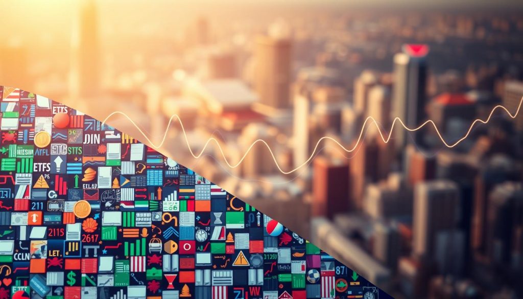 Renda variável with a modern, dynamic composition. A vibrant financial mosaic in the foreground, comprising diverse investment options like stocks, exchange-traded funds (ETFs), and real estate investment trusts (REITs). In the middle ground, an abstract representation of market fluctuations, with fluid lines and shapes conveying the volatility and potential rewards of variable income streams. The background features a soft, blurred cityscape, hinting at the broader economic landscape that influences these investments. The lighting is warm and inviting, creating a sense of opportunity and growth. Rendered with a sharp, photorealistic style to capture the intricacies of the financial elements. Renda variável with a modern, dynamic composition. A vibrant financial mosaic in the foreground, comprising diverse investment options like stocks, exchange-traded funds (ETFs), and real estate investment trusts (REITs). In the middle ground, an abstract representation of market fluctuations, with fluid lines and shapes conveying the volatility and potential rewards of variable income streams. The background features a soft, blurred cityscape, hinting at the broader economic landscape that influences these investments. The lighting is warm and inviting, creating a sense of opportunity and growth. Rendered with a sharp, photorealistic style to capture the intricacies of the financial elements.